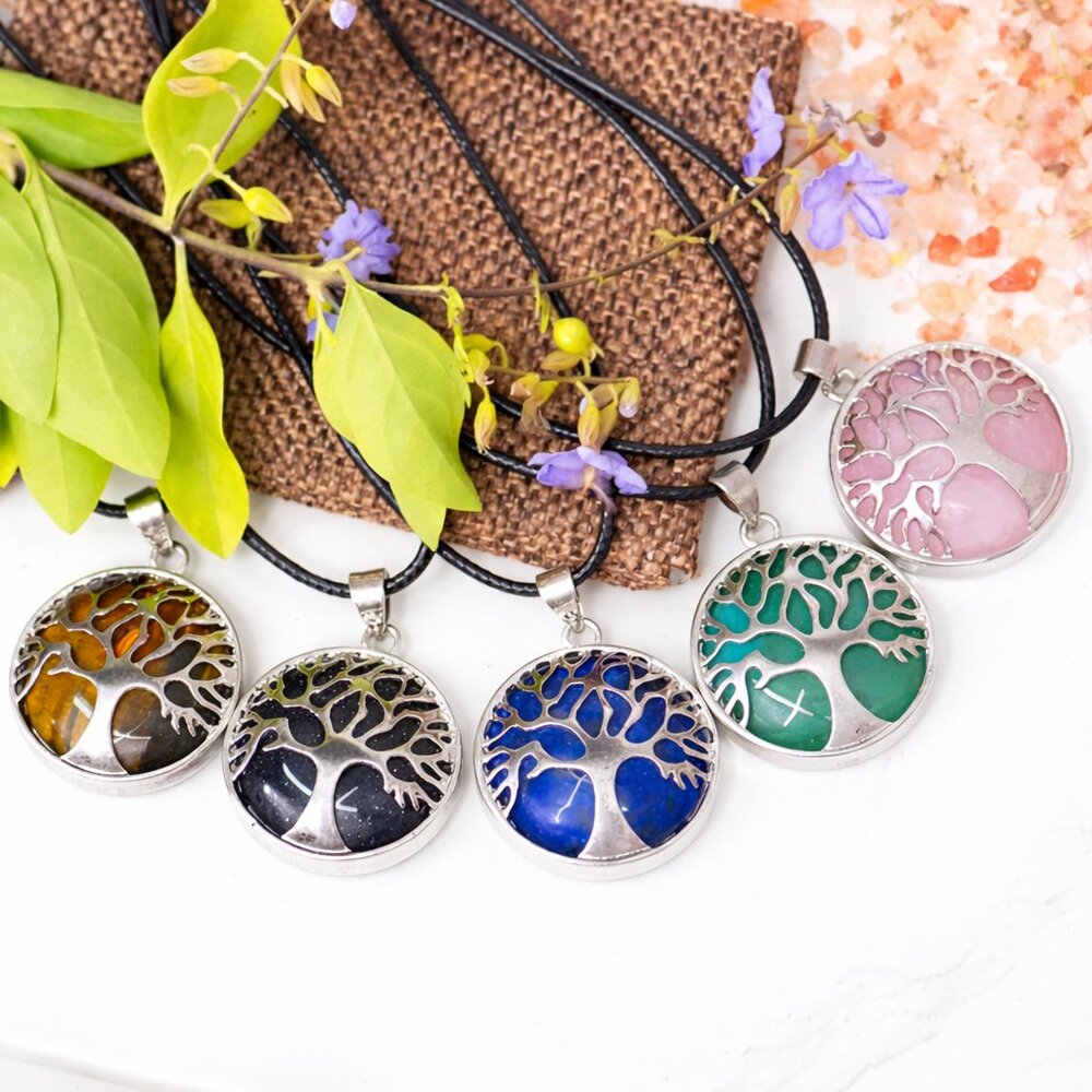 Tree of Life Gemstone Necklace Crystal Healing Stone Pendant Cord Necklace
